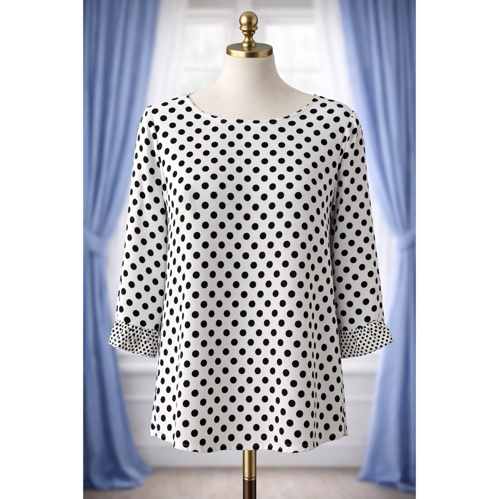 Rose & Olive Pullover Top White And Black Dot 3/4 Ruffle Sleeves Size 1x